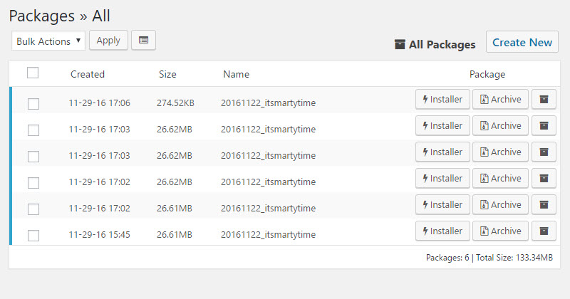 Duplicator plugin interface screenshot showing site packaging and migration tools