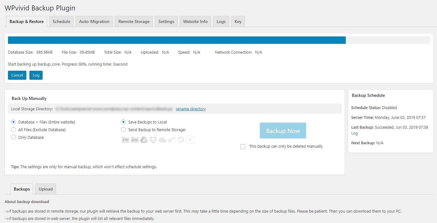 WPvivid plugin interface screenshot showing backup and staging controls